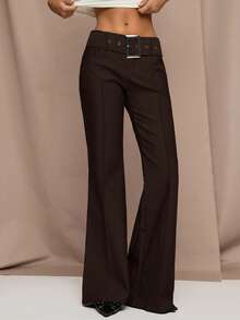 SHEIN BAE Women's Vintage Solid Color Low Waist Belted Flare Pants, Autumn,Fall,Fall Clothes For Women,Winter Clothes For Women - Coffee Brown - View 7