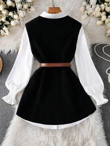 INAWLY Plus Size Women Contrast Color Long Sleeve Sweater Vest - Black - View 2