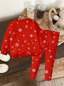 一套女婴休闲安哥拉红色圣诞快乐可爱童话驯鹿插画印花圣诞前夜卫衣和打底裤，柔软厚实的圆领长袖套头衫和修身长裤，适合秋冬季穿着。 - 彩色 - 查看 3