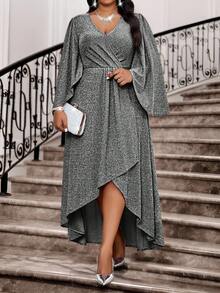 Fleurora New Spring And Summer Autumn And Winter Elegant Party Wedding Valentine's Day  Cocktail Party Concert/Music Festival Black Knitted Overlap Collar Flared Split Flounce Sleeve Long Long Sleeve Plus Size Dresses Elegant Dresses For Party Elegant Party Dresses Elegant Dresses For Women Elegant Dresses For Ladies Elegant Dress Shiny Dress Sparkly Plus Size Solid Color V-Neck Front Short Black Long Wrap Elegant Dress Spring Outfit Women Summer Dress  Party Dress  Wedding Guest Dress For Women  Birthday Dress Vacation - Black - View 4