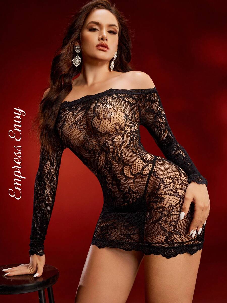 EmpressEnvy 女士黑色针织网纱露肩紧身连衣裙，蕾丝边饰，性感优雅，适合派对、聚会、夜店等场合。 - 黑色 - 查看 1