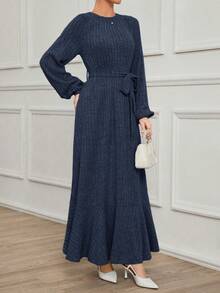 Mulvari 女士加长款保守针织抓绒优雅圆领套头连衣裙，适合日常穿着，秋冬季 - 藏蓝色 - 查看 6