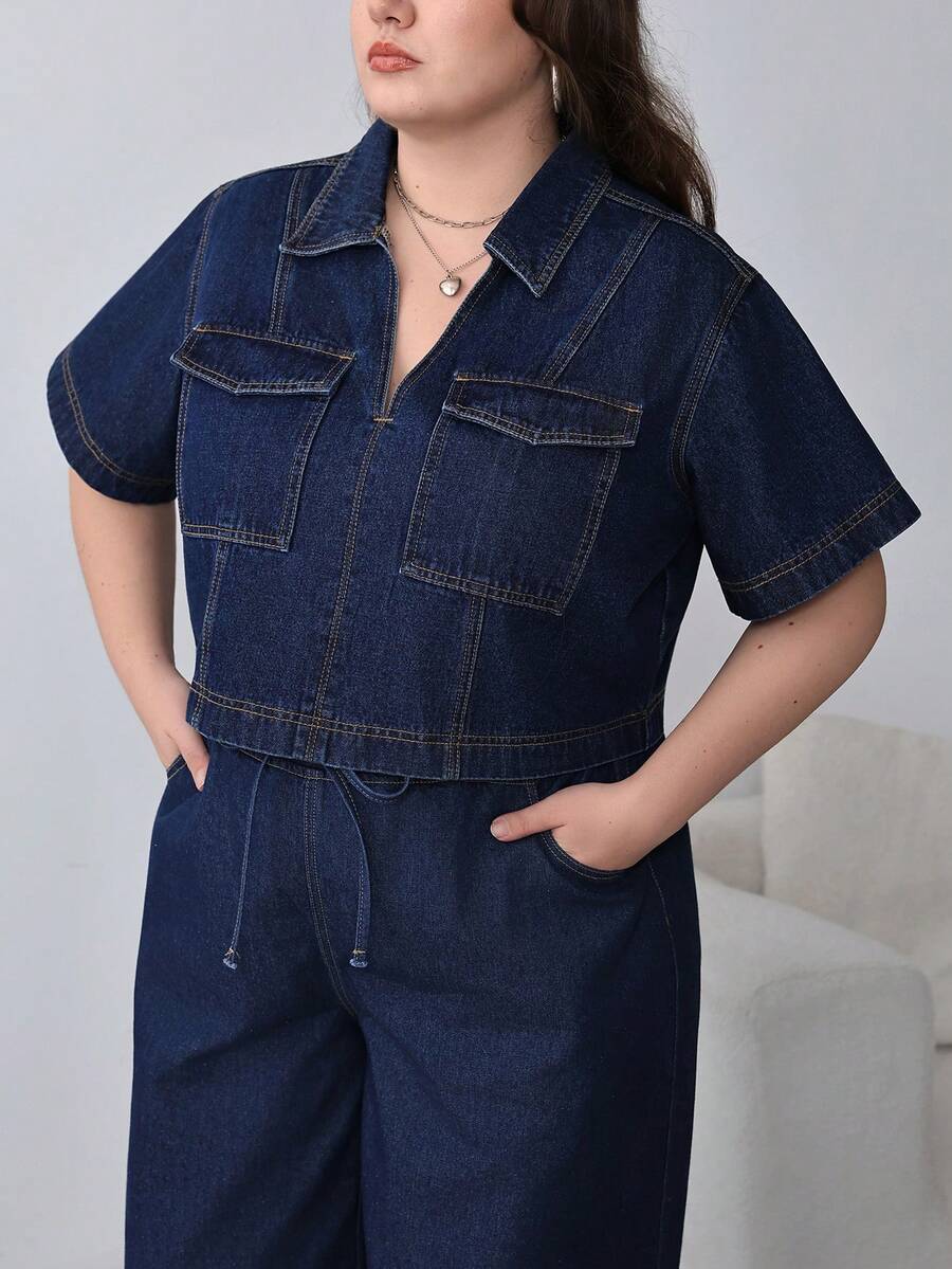 SHEIN PETITE CURVE 春夏大码女式度假休闲通勤舒适面料短袖牛仔衬衫 - 深色水洗藍 - 查看 1