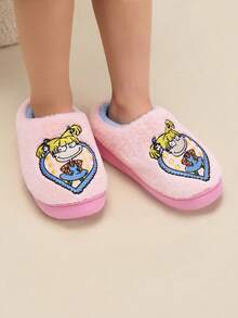 Nick 90s | SHEIN 可爱刺绣卡通女童粉色儿童防滑室内拖鞋，柔软保暖，适合幼儿和儿童冬季穿着，轻便耐用的EVA鞋底，适用于家庭卧室空调房，春、秋、冬季皆宜。 - 粉色 - 查看 2