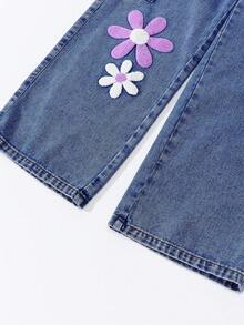 SHEIN ChillGRL Quần jeans ống rộng thêu hoa tuyết thời trang cho bé gái tuổi teen, thích hợp cho mùa xuân, hè, thu và đông với họa tiết bướm và hoa, quần jeans ống rộng họa tiết hoa thập niên 90 cho trẻ em, quần jeans rộng thùng thình thêu họa tiết phong cách Y2K. - Rửa tối - Xem 6