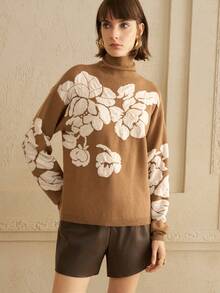 Arave Conjunto de 2 piezas de mujer con suéter de cuello alto tejido con estampado floral vintage, conjunto informal para otoño/invierno - Camel - Ver 7