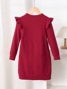 LMoss Kids Young Girl Red Crew Neck Long Sleeve Patchwork Ruffle Textured Knit Sweater Dress,Suitable For Casual Daily Wear,Autumn/Winter - Burgundy - View 2