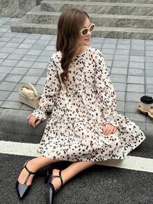SHEIN 少女休闲度假时尚圆领泡泡袖宽松拼接连衣裙 - 彩色 - 查看 5