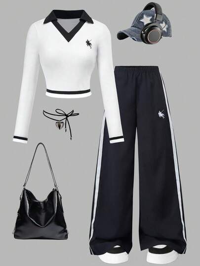 Sparklyn 2 Stücke/Set Teenager Mädchen V-Ausschnitt Langarm Crop Top + Weite Bein Hose, Schwarz & Weiß Klassisch, Pferde Schleife Dekor, Langarm Top + Weite Bein Hose Set