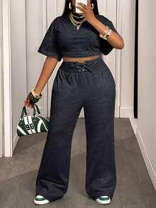 Slaydiva Bộ đồ hai mảnh nữ mùa hè và thu 2025 Áo thun ngắn tay cổ tròn rộng màu xanh lá cây đơn giản thoải mái + Quần ống rộng buộc eo, thích hợp cho du lịch hàng ngày, trở lại trường, tốt nghiệp - Màu xám đen - Xem 7