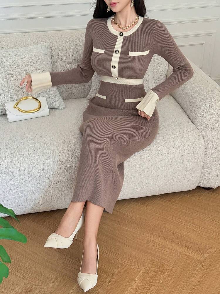 Women's Elegant Color Block Flare Sleeve Button Fake Pocket Sweater Dress, Autumn/Winter