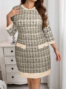 EMERY ROSE Plus Size Elegant Contrast Trim Round Neck 3/4 Sleeve Dress, Autumn - Apricot - View 7