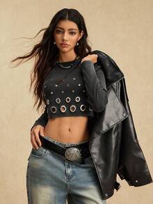 Easelle Áo thun bodycon cổ tròn tay dài thiết kế hở vai đan đen dành cho nữ - màu đen - Xem 4