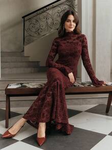 Anewsta Women's Autumn/Winter Fitted Mermaid Hem Dress, Casual Party Dress With Flare Sleeves, Burgundy Lace Ruffle Collar Elegant Lady Dress - Burgundy - View 5