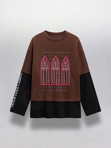 NEON BLANC Men's Graphic T-Shirt Fake Two-Piece Long-Sleeved T-Shirt Loose Casual Round Neck Top - Brown - View 1