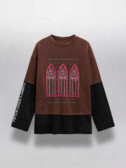 NEON BLANC 男士图案T恤 假两件式长袖T恤 宽松休闲圆领上衣