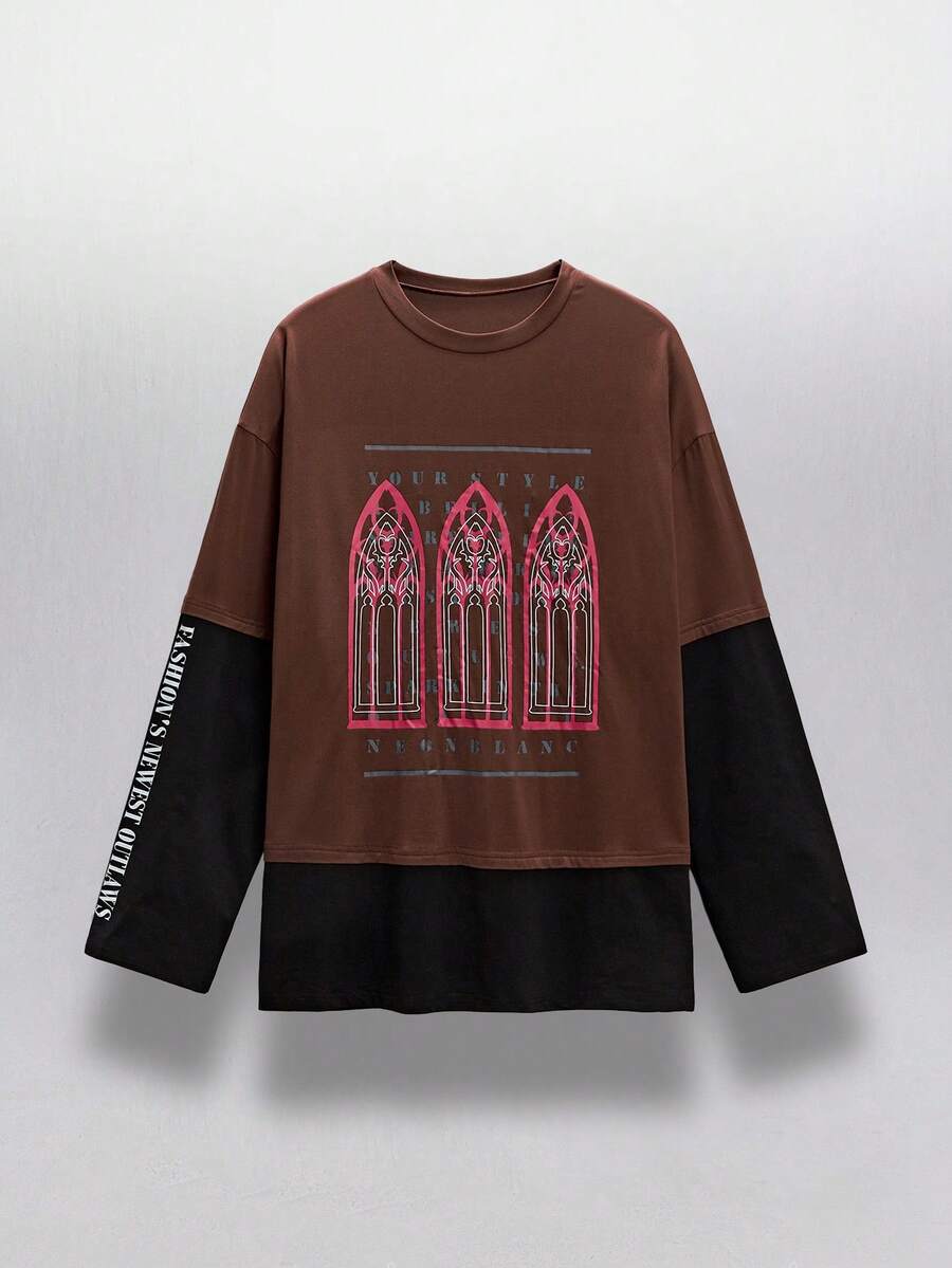 NEON BLANC Men's Graphic T-Shirt Fake Two-Piece Long-Sleeved T-Shirt Loose Casual Round Neck Top - Brown - View 1