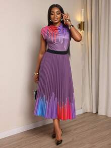 Xyvia Damen Mehrfarbiges gestreiftes digital bedrucktes Kleid mit hohem Kragen, taillierter Taille, A-Linie Saum und plissiertem Design, elegantes Kleid - Verschiedenfarbig - Übersicht 6