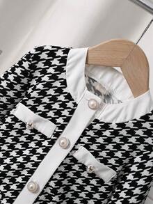 1pc Young Girl's Gentle Minimalist Black & White Houndstooth Patchwork Faux Pearl Button Splice White Hem Long Sleeve Dress, Spring/Autumn - Multicolor - View 4
