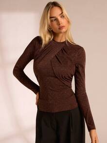 Glamine Damen Kaffeefarbe Strass Dekor Plissee Rundhals Langarm Slim Fit Basisschicht Top, geeignet für Frühling, Herbst & Winter - Kaffeebraun - Übersicht 4