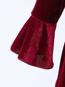 Glamorique Kids 幼儿酒红色天鹅绒珍珠装饰大蝴蝶结喇叭袖连衣裙，甜美优雅，适合圣诞派对和新年穿着 - 酒紅色 - 查看 5