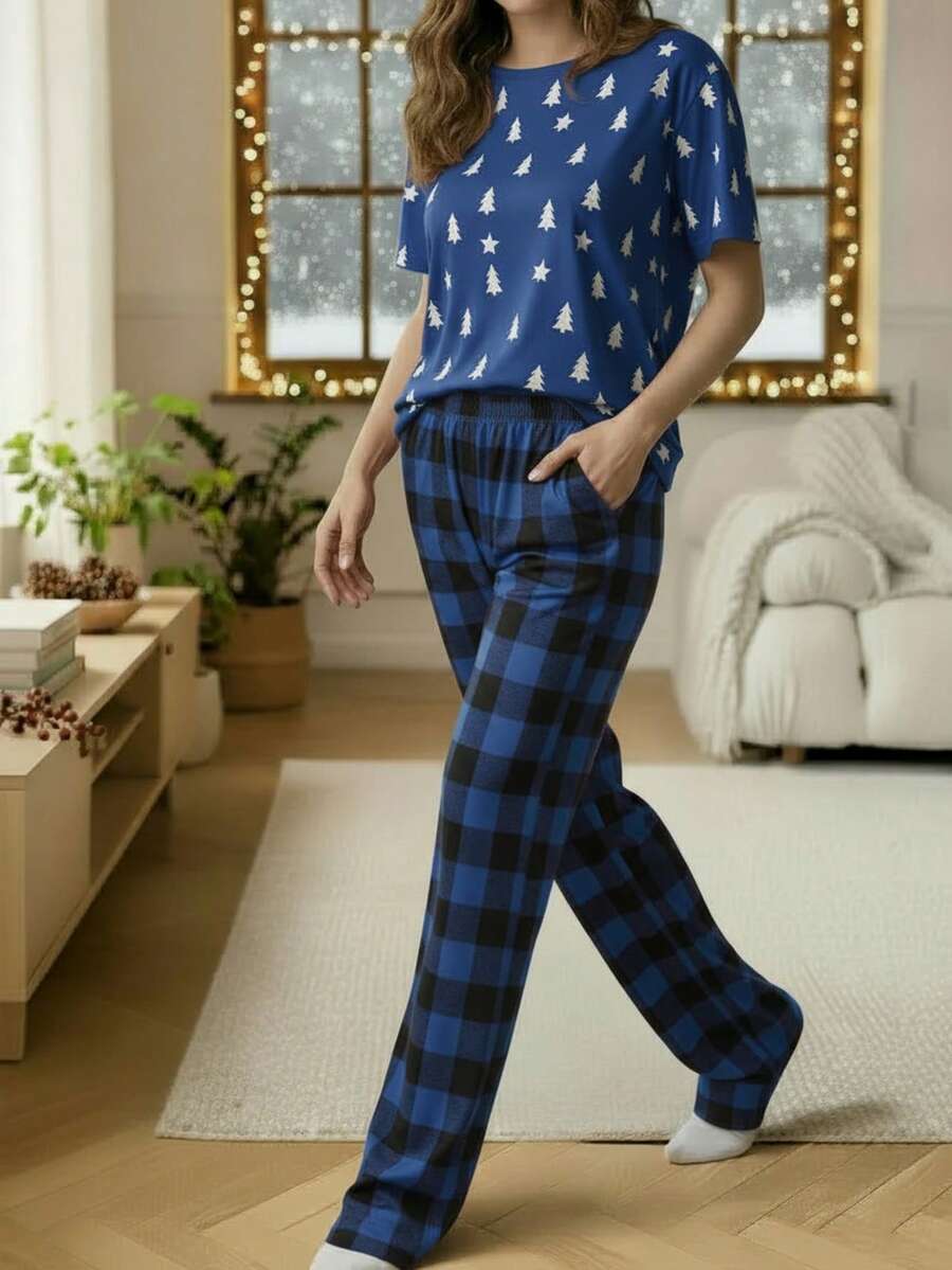 2 piezas Conjunto de pijama de mujer con estampado de renos navideños y cuadros rojos de manga larga, detalles acogedores y elegantes, ropa de otoño
SKU: si25081831362637186 - Azul - Ver 1