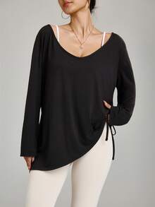 Rhythm Era 大码女式纯色V领侧抽绳宽松休闲长袖T恤