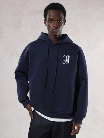 DAZY Sudadera con capucha gruesa de estilo callejero con diseño de impresión de letras góticas, azul marino para hombres, otoño/invierno