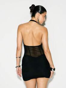 KIZN Halter Neck Mesh Corset Mini Dress With Sheer Panel Details For Party Evening Occasions - Black - View 2