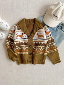 PrepCrw 1 件 Joliand 小男孩优雅都市休闲可爱费尔岛动物与几何图案橄榄绿色翻领开衫，适合休闲、通勤、派对、聚会、夏季和秋季 - 彩色 - 查看 1