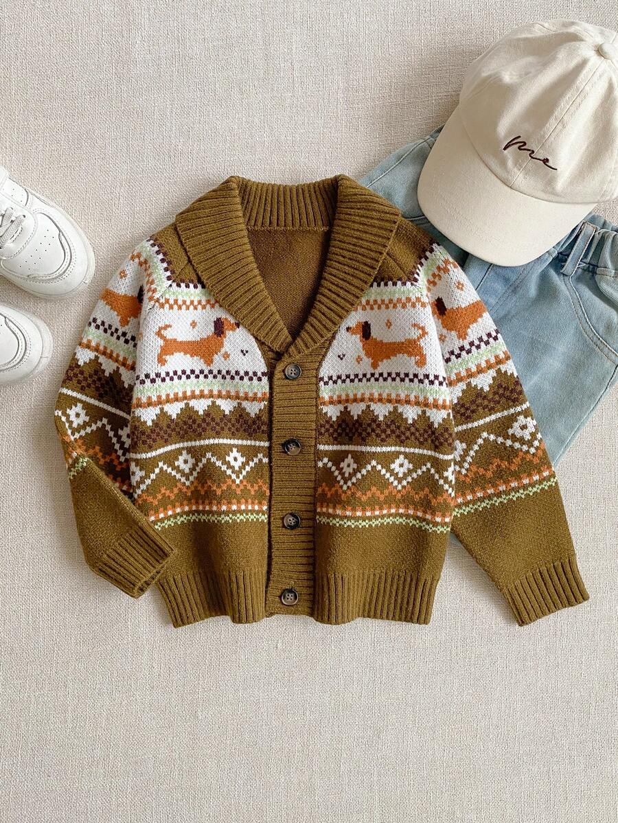 PrepCrw 1 件 Joliand 小男孩优雅都市休闲可爱费尔岛动物与几何图案橄榄绿色翻领开衫，适合休闲、通勤、派对、聚会、夏季和秋季 - 彩色 - 查看 1