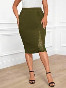 EMERY ROSE Jupe crayon élégante de grande taille à taille haute, couleur unie avec dentelle contrastante