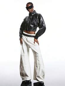 LYSMO Jaqueta de Couro PU de Manga Longa com Gola Alta e Zíper, Moda Cor Sólida para Mulheres