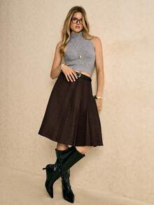 Poéselle 女士复古纯色褶裥A字中长裙 - 咖啡棕 - 查看 8