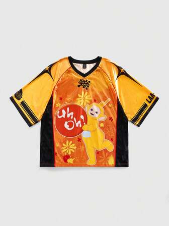 Teletubbies X ROMWE Camiseta de manga corta con cuello en V y estampado de dibujos animados de bloques de color para hombre, de verano