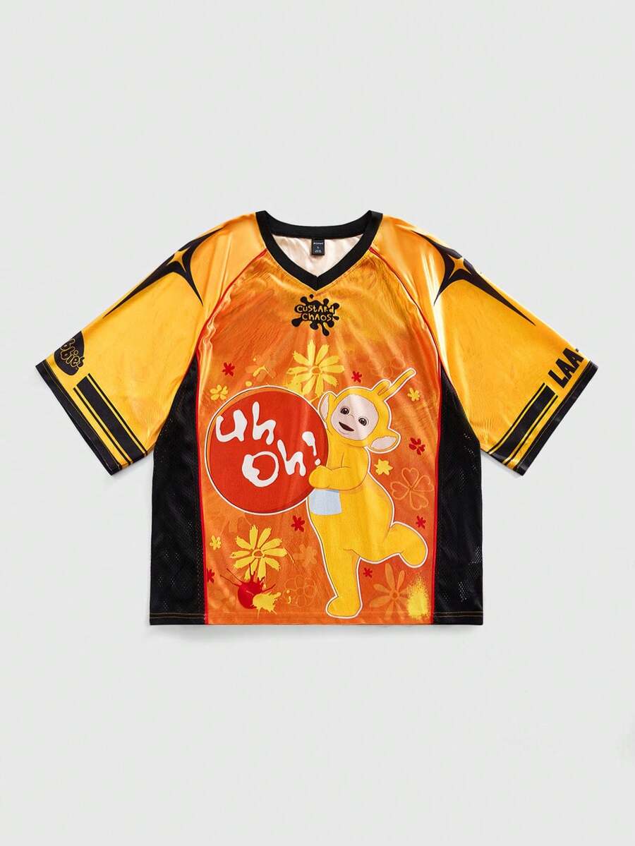 ROMWE MEN Teletubbies X ROMWE Áo thun nam cổ chữ V tay ngắn họa tiết hoạt hình Colorblock thường ngày, mùa hè - Màu vàng - Xem 1