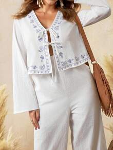 Boho Mama Two-Piece Nursing Set With Drawstring Top And Pants, Printed, Stylish Everyday Beach White Casual Set, Women's Pure Cotton Linen Two-Piece Set, Maternity Two-Piece Set, Casual Set, Maternity Two-Piece Set. - White - View 2