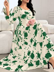 Seusyu 圆领灯笼袖侧抽绳双色印花连衣裙 - 綠色 - 查看 1