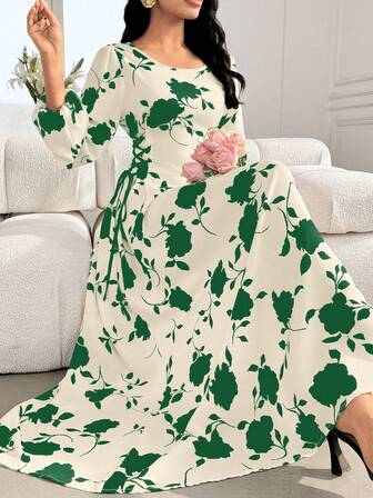 Mulvari Round Neck Lantern Sleeve Side Drawstring Dual-Color Print Dress