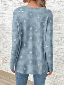 EMERY ROSE Blumen-Muster Oversize V-Ausschnitt Langarm T-Shirt für Damen, geeignet für Musikfestivals und Schulbeginn, Herbst/Winter - Verschiedenfarbig - Übersicht 2