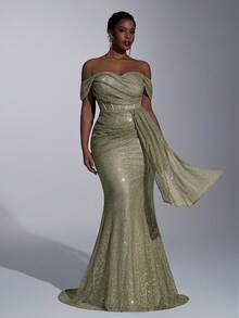 Váy trễ vai tay lửng màu xanh ô liu thanh lịch cỡ lớn, đính đá Rhinestone có thể tháo rời, thích hợp cho các dịp lễ, đám cưới, tiệc tùng, lễ tốt nghiệp và sự kiện trang trọng - màu xanh lá - Xem 3