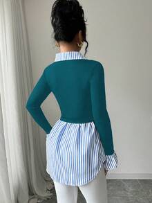 Elenzga Women's Striped Collared Long Sleeve Knit Patchwork Blouse - Multicolor - View 2