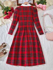 少女格子连衣裙，蝴蝶结装饰，长袖，收腰，时尚拼接领 - 彩色 - 查看 2