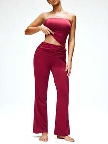 SHAPORA Women's Solid Color Bandeau Top And Waist Ruffle Flare Pants Pajama Set - Red Violet - View 2