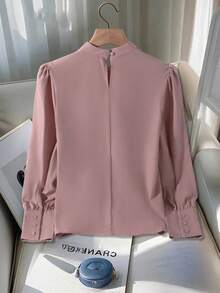 Franclia Women's Solid Color Stand Collar Puff Sleeve Elegant Blouse - Dusty Pink - View 2
