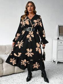 Elenzga 大码女装秋冬时尚休闲V领碎花长款收腰连衣裙，修身显瘦长款女装 - 彩色 - 查看 7