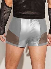 FeverCity Men's Elastic Leather Patchwork Mesh Shorts, Summer - Silver - View 2