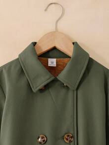 SHEIN Serisse Kids Tween Girls Solid Simple Green Color Thermal Lined Long Coat With Lapel, Suitable And Warm For Autumn Winter, Daily Wear, Casual Occasion, Back To School Trench Coat Kids Girl Coats Tween Dress Coat Girls Wool Coat Girls Coat Peter Pan - Army Green - View 5