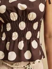 Easelle New Women's Fashion Tie-Up Polka Dot Fuzzy Waist Cropped Camisole Summer Vacation Outfits Women Brown Boho Music Festival Cotton - Mocha Brown - View 6