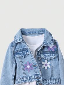 SHEIN ChillGRL 两件套女童牛仔套装 - 花卉刺绣牛仔外套 + 阔腿牛仔裤，时尚休闲套装，适合年轻女孩，是理想的礼物和户外服装。